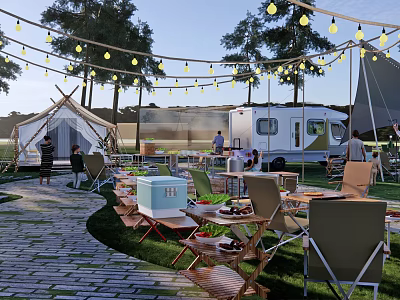 Scenic Campsite With Tent RV String Lights Trees And Picnic Tables 3d model