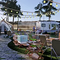 Scenic Campsite With Tent RV String Lights Trees And Picnic Tables