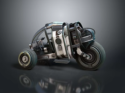 Unique Futuristic Motorcycle Featuring Metallic Body Three Large Wheels And Mechanical Design 3d model