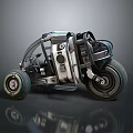 Unique Futuristic Motorcycle Featuring Metallic Body Three Large Wheels And Mechanical Design