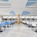 Spacious Cafeteria Interior With White Tables Wooden Pillars And Blue Ceiling Design 3d model