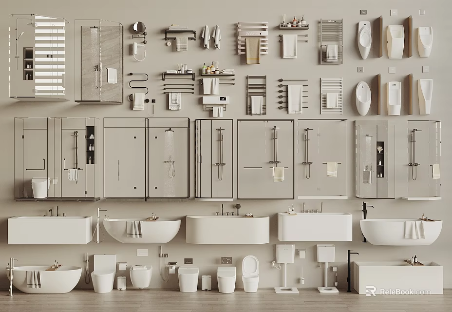 Modern Bathroom Accessories Assortment With Sinks Toilets Towel Racks Cabinets Mirrors And Shelves 3d model 