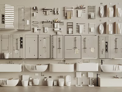 Modern Bathroom Accessories Assortment With Sinks Toilets Towel Racks Cabinets Mirrors And Shelves 3d model