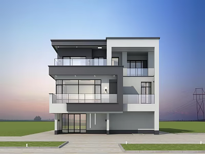 Modern Three Story Detached Villa With Large Glass Windows Balconies And Green Lawn 3d model