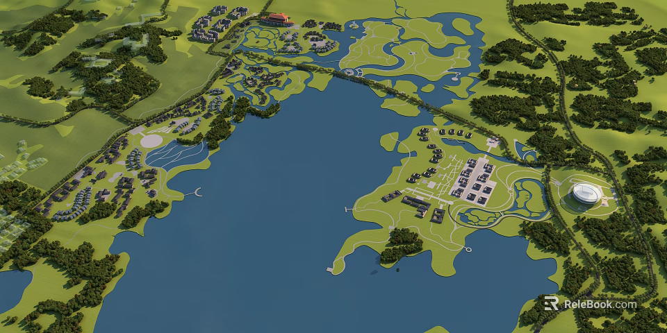 Aerial Planning of Lakeside Development With Green Spaces Building Clusters and Road Networks 3d model 