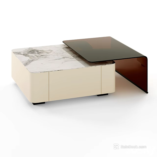 Modern Side Table With Marble Top Glass Surface And Beige Storage Design 3d model