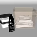 Household Items Including Transparent Storage Box Folded White Towels Black Lid Container And Dettol Bottle