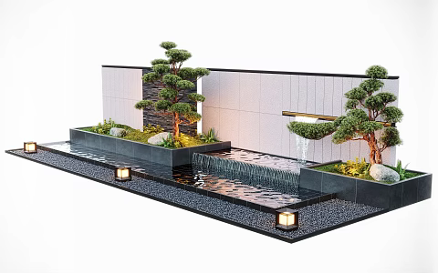 Modern courtyard waterscape wall stacked water pool pine wall 3d model
