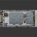 Floating Water Vessel With Blue Yellow Canopies Railing Platform And Windows