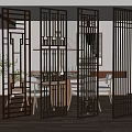 Modern Black Geometric Partition Separating Dining Area With Table And Chairs 3d model