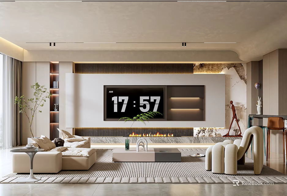 Modern Elegant Living Room Interior With Large TV Fireplace Beige Sofa And Area Rug 3d model 