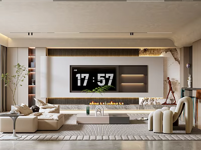 Modern Elegant Living Room Interior With Large TV Fireplace Beige Sofa And Area Rug 3d model