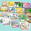Colorful Cartoon Room Scenes With Miniature Furniture And Decorative Interior Designs