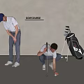 Men Preparing to Play Golf on Golf Course With Clubs and Bag