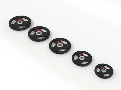 Five Black Dumbbell Plates Arranged In Row With Metallic Design And Red Accents 3d model