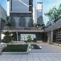 Modern Feature Wall in Courtyard with Greenery Stone Pathway and People Walking