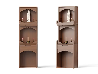 Wooden Brown Buddhist Shrine Cabinet with Multi Tiered White Statue Red Candles and Golden Decorations 3d model