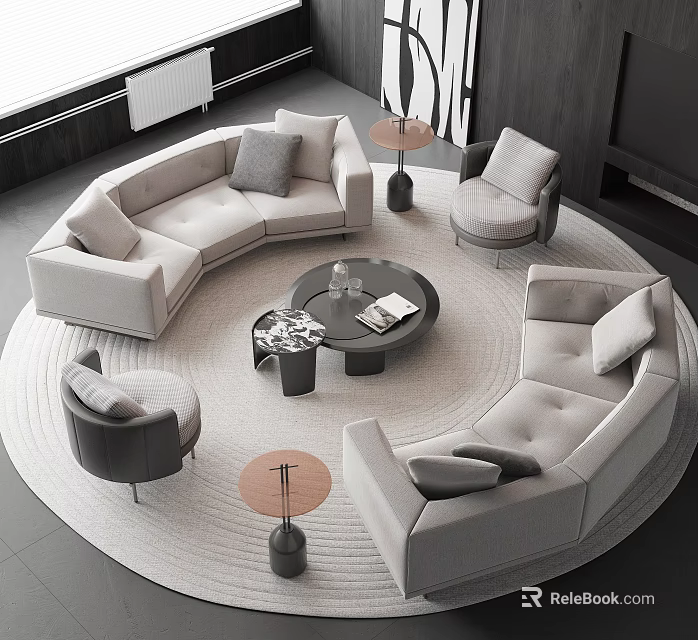 Modern Curved Sofa And Coffee Table Set With Armchairs Round Rug And Side Tables 3d model 