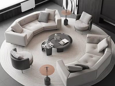 Modern Curved Sofa And Coffee Table Set With Armchairs Round Rug And Side Tables 3d model