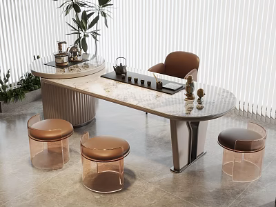 Elegant Modern Tea Table and Chairs with Marble Top Metal Legs Acrylic Leather Seats 3d model