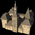 Ancient Historic Stone Building Featuring Spires Arched Gate Gabled Roofs And Arched Windows