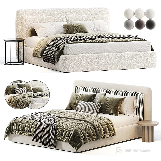 Modern Upholstered Double Bed With Green Striped Pillows Throw Blanket Side Table And Color Options 3d model 