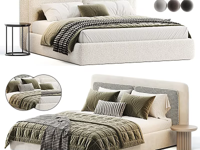 Modern Upholstered Double Bed With Green Striped Pillows Throw Blanket Side Table And Color Options 3d model