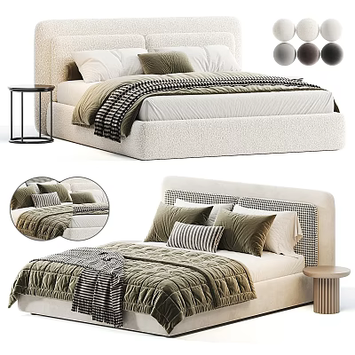 Modern Upholstered Double Bed With Green Striped Pillows Throw Blanket Side Table And Color Options 3d model