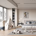 Modern Kids Bedroom With Teepee Stuffed Toys Bed And Shelves