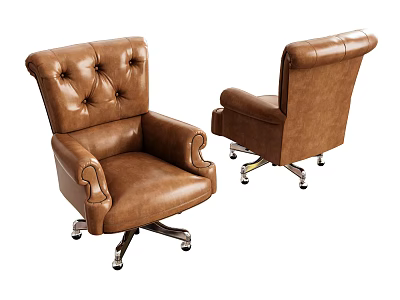 Brown Leather Office Chair with High Back Tufted Design and Curved Arms on Wheeled Base 3d model