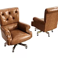 Brown Leather Office Chair with High Back Tufted Design and Curved Arms on Wheeled Base