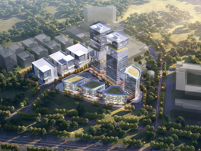 Modern Aerial View Plan With High Rise Buildings Green Spaces And Tree Lined Roads 3d model