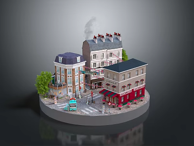 Cartoon Town Scene With Colorful Buildings Street Pedestrians Trees And Shops 3d model