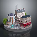 Cartoon Town Scene With Colorful Buildings Street Pedestrians Trees And Shops