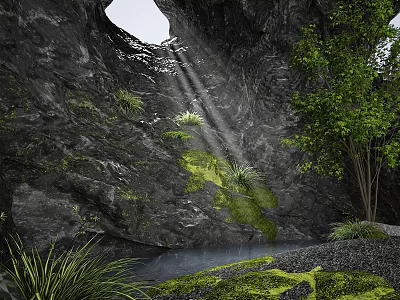 Lush Green Plants And Moss Growing On Rocky Cave With Sunlight And Small Pond 3d model