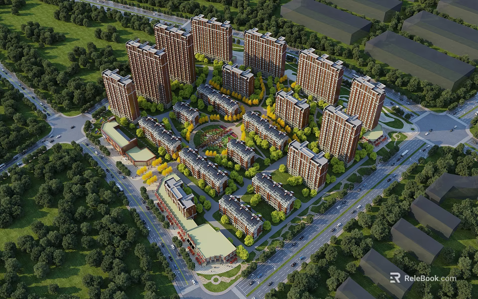 Aerial View Planning of Modern Residential Community With High Rise Buildings Green Spaces and Road Layout 3d model 