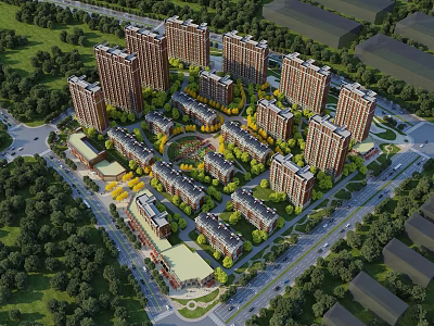 Aerial View Planning of Modern Residential Community With High Rise Buildings Green Spaces and Road Layout 3d model