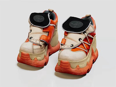White And Orange High Top Shoes With Chunky Sole Velcro Straps And Layered Design Details 3d model