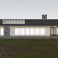 Modern Residential Building with Wooden Frame Large Glass Windows and Pitched Roof Surrounded by Green Grassland