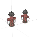 Outdoor Street Red Public Fire Hydrants With Black Tops And Hanging Chains