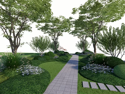 Lush Arbor Trees Lining Stone Path In Garden With Green Lawn And Flower Bushes 3d model
