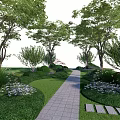 Lush Arbor Trees Lining Stone Path In Garden With Green Lawn And Flower Bushes