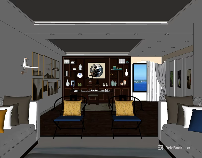 Modern Office Interior With Sofa Chairs Bookshelves Decor And Window View 3d model