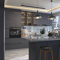 Modern Gray Kitchen Interior Design With Island Counter Hanging Lights Cabinets And Bar Stools