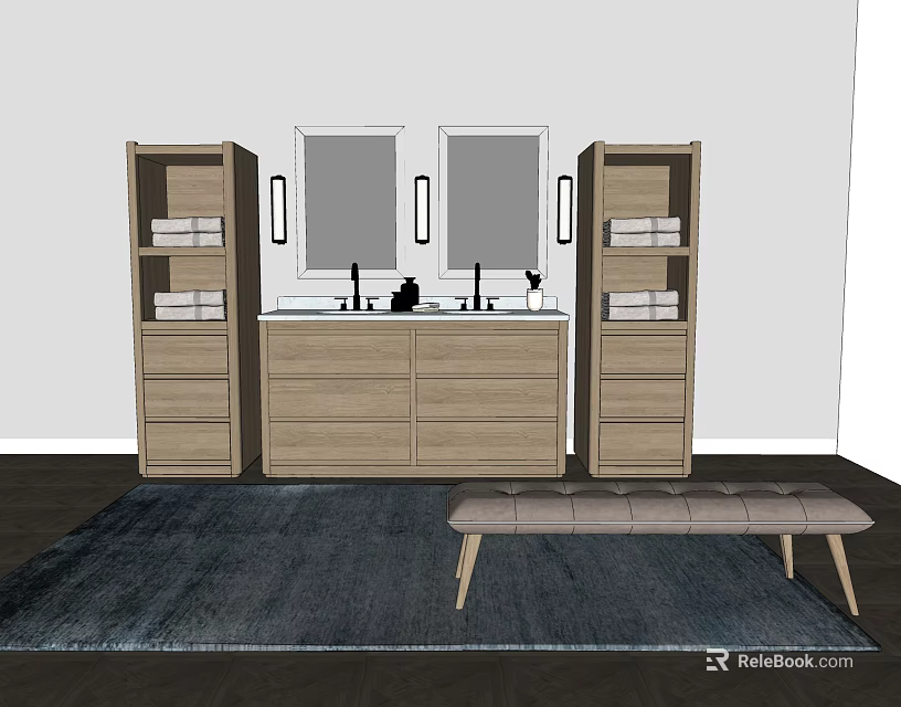 Bathroom Vanity With Double Sinks Mirrors Cabinets Towels Drawers Bench And Rug 3d model 