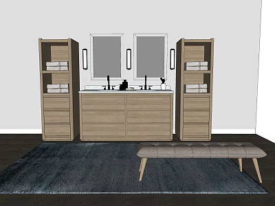 Bathroom Vanity With Double Sinks Mirrors Cabinets Towels Drawers Bench And Rug 3d model