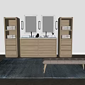 Bathroom Vanity With Double Sinks Mirrors Cabinets Towels Drawers Bench And Rug