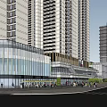 Modern Commercial Complex Architecture With Glass Curtain Walls Large Billboards Tower Plaza And Pedestrian Greenery