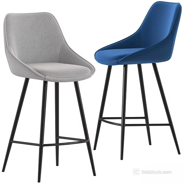 Modern Gray And Blue Upholstered Bar Stools With Black Metal Legs Design 3d model 
