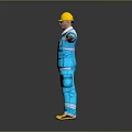 Man in Yellow Hard Hat and Blue Work Uniform With Arms Outstretched Against Gray Background